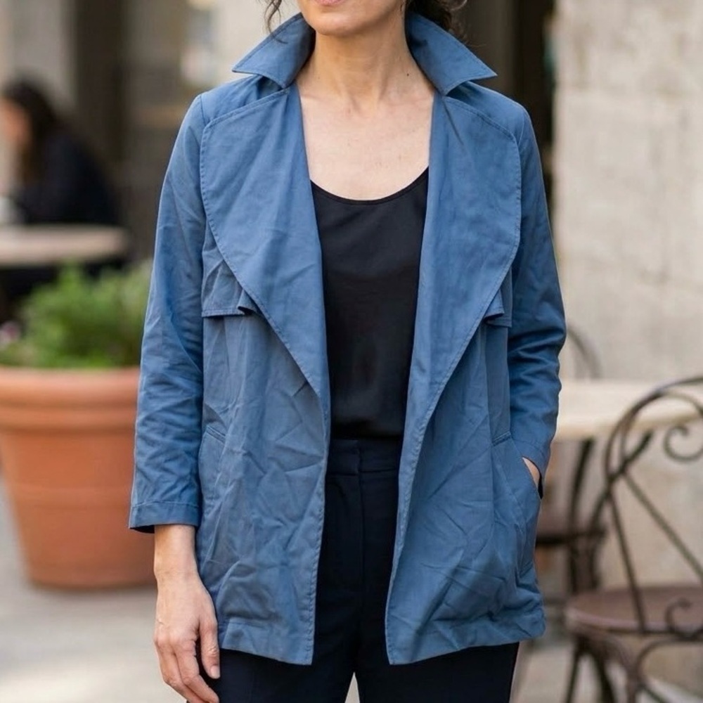 Pink Martini Slate Blue Draped Lightweight Blazer Boho Lagenlook Flowy Oversized